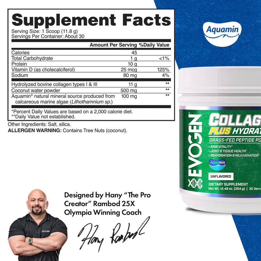 EVOGEN NUTRITION Collagen – Hydrolysiertes Kollagen Typ I & III mit Aquamin und Vitamin D – 30 Portionen