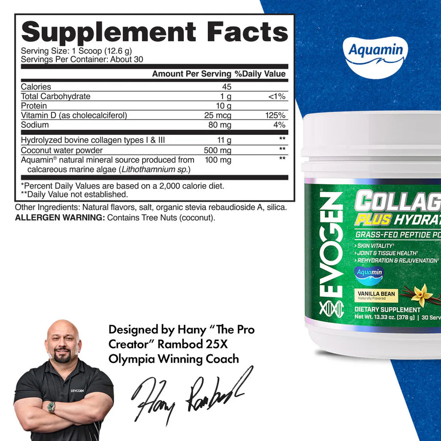 EVOGEN NUTRITION Collagen – Hydrolysiertes Kollagen Typ I & III mit Aquamin und Vitamin D – 30 Portionen