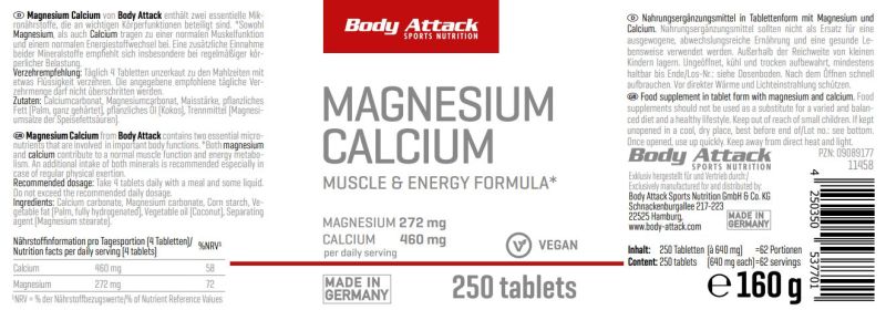 BODY ATTACK Magnesium Calcium - 250 Tabletten