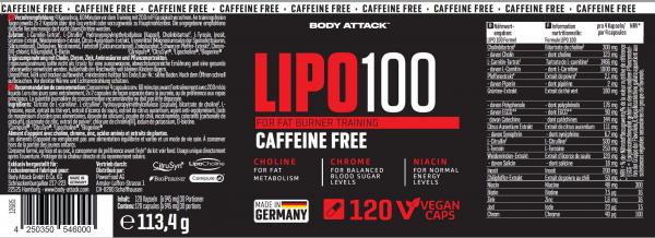 BODY ATTACK Lipo 100 Caffeine Free - 120 Kapseln