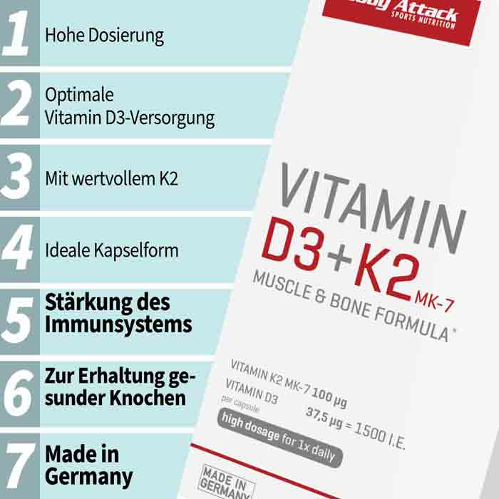 BODY ATTACK Vitamin D3+K2 - 30 Kapseln
