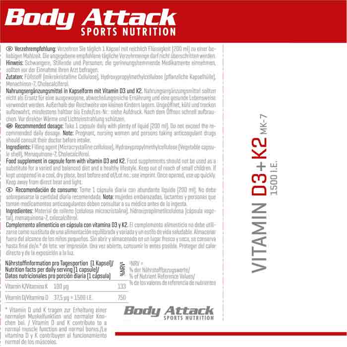 BODY ATTACK Vitamin D3+K2 - 30 Kapseln